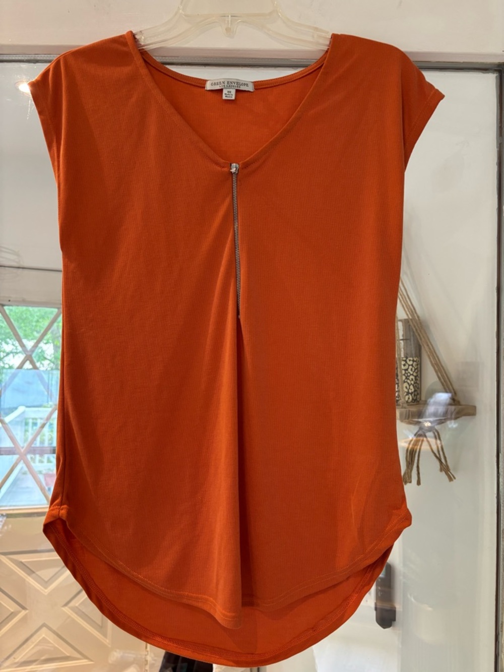 Green Envelope Orange Short-Sleeve Zip Front Top